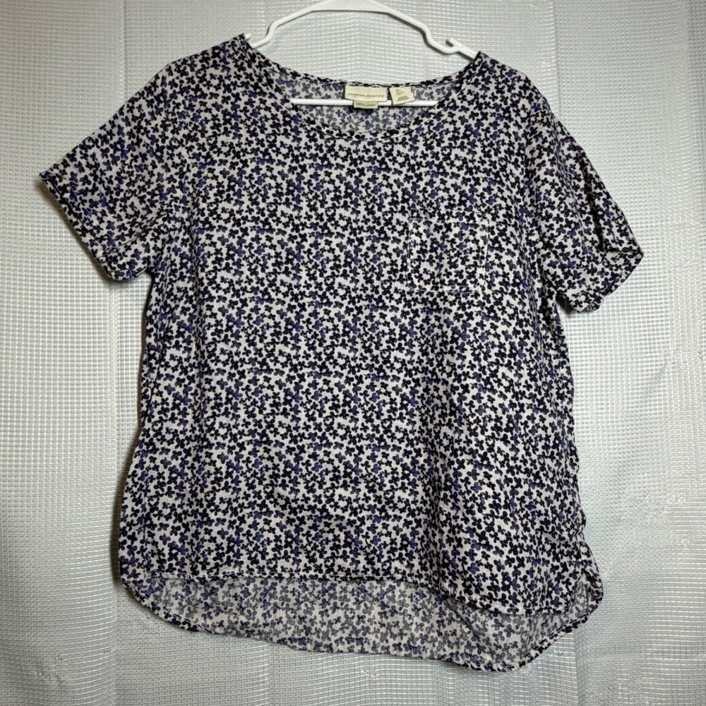 Cynthia Rowley Top 100% Linen Floral Short Sleeve Pocket Relaxed Boho L